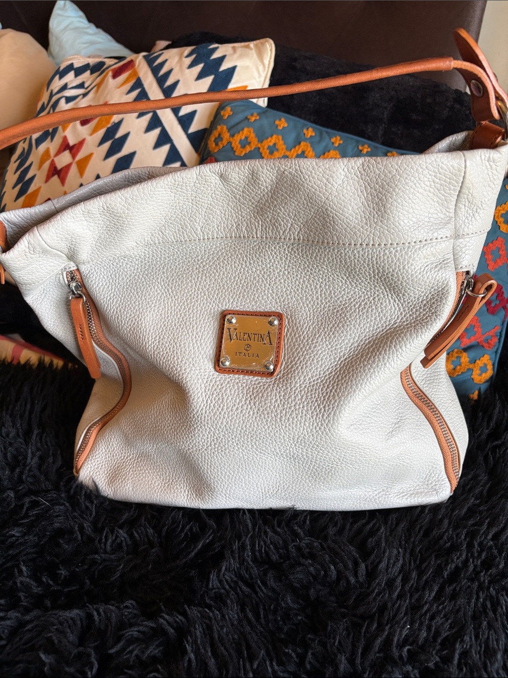 Valentina White Shoulder Bag with Tan Trim and Strap